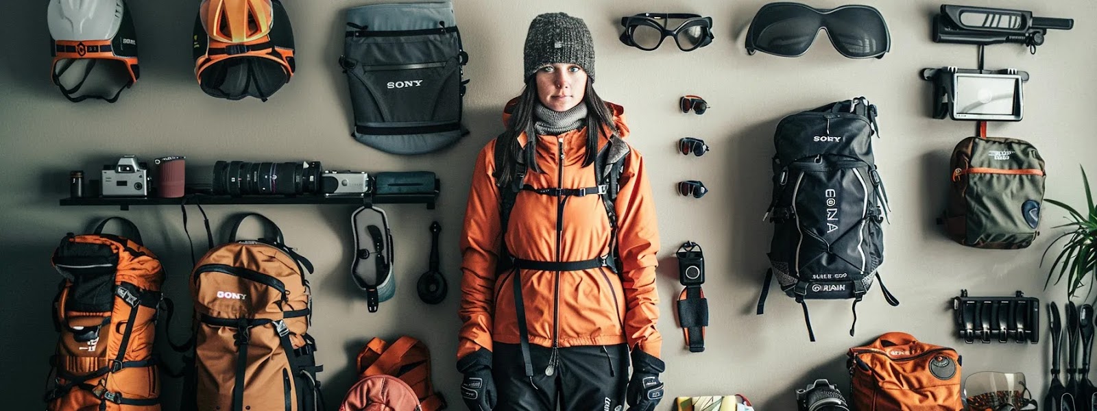 a female skier standing in the snow, surrounded by avalanche safety gear, ergonomic backpacks, goggles, and tech gadgets, preparing for a backcountry adventure.