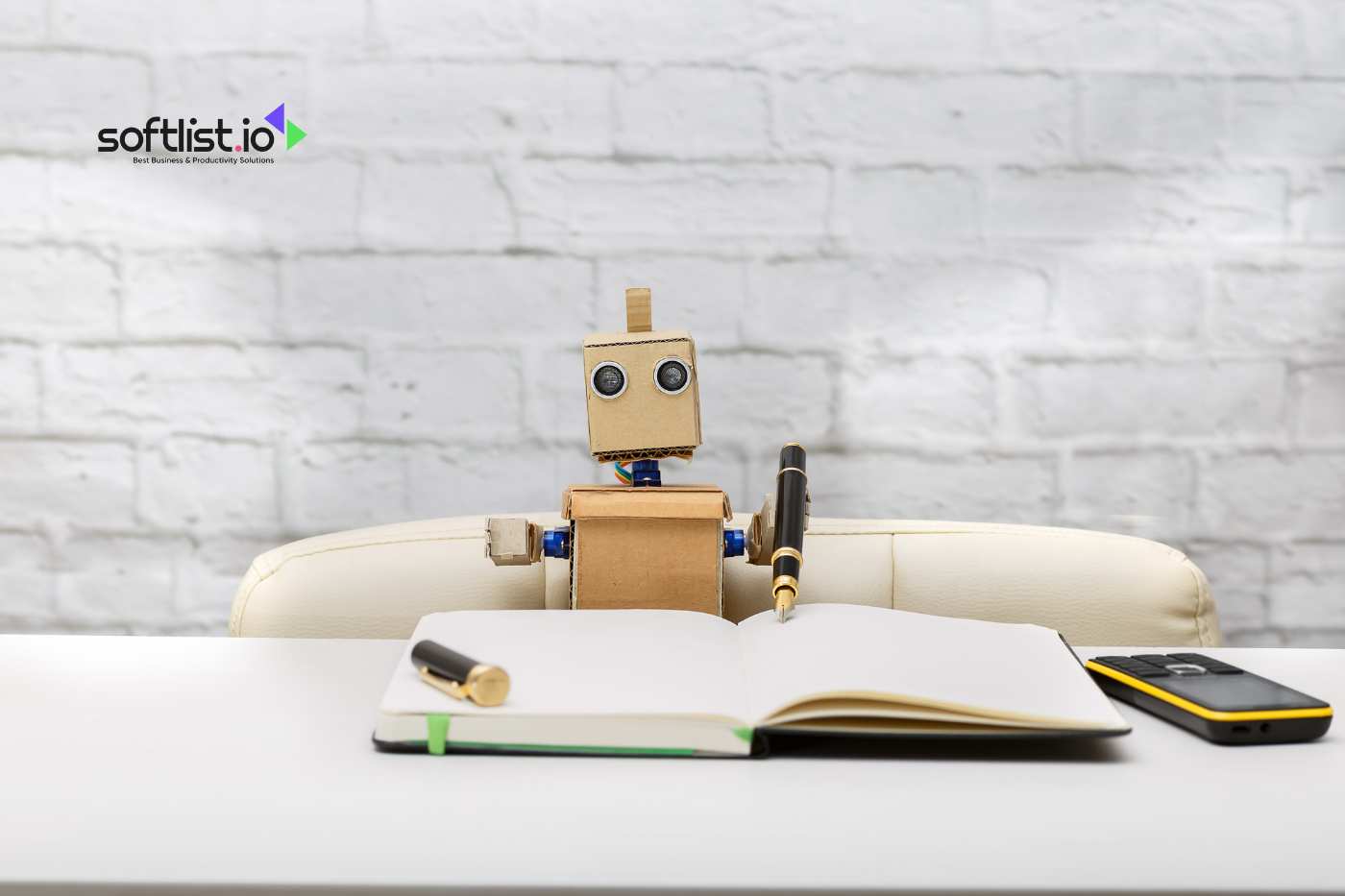 Small robot writing in a notebook with a pen, Softlist.io logo displayed