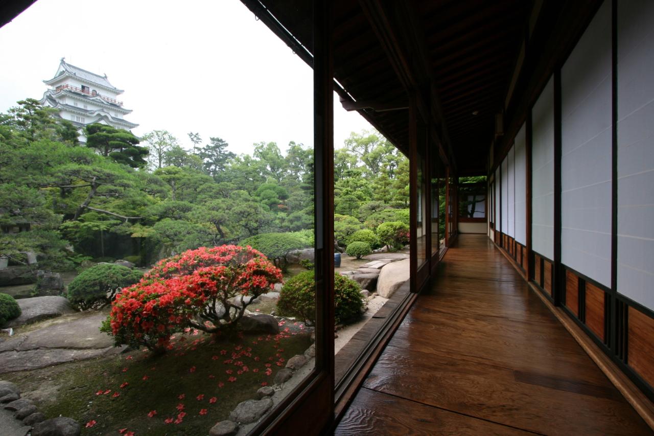 Fotografía de kimono con fondo de jardín japonés que muestra una ubicación ideal al aire libre con sombra natural y elementos tradicionales.