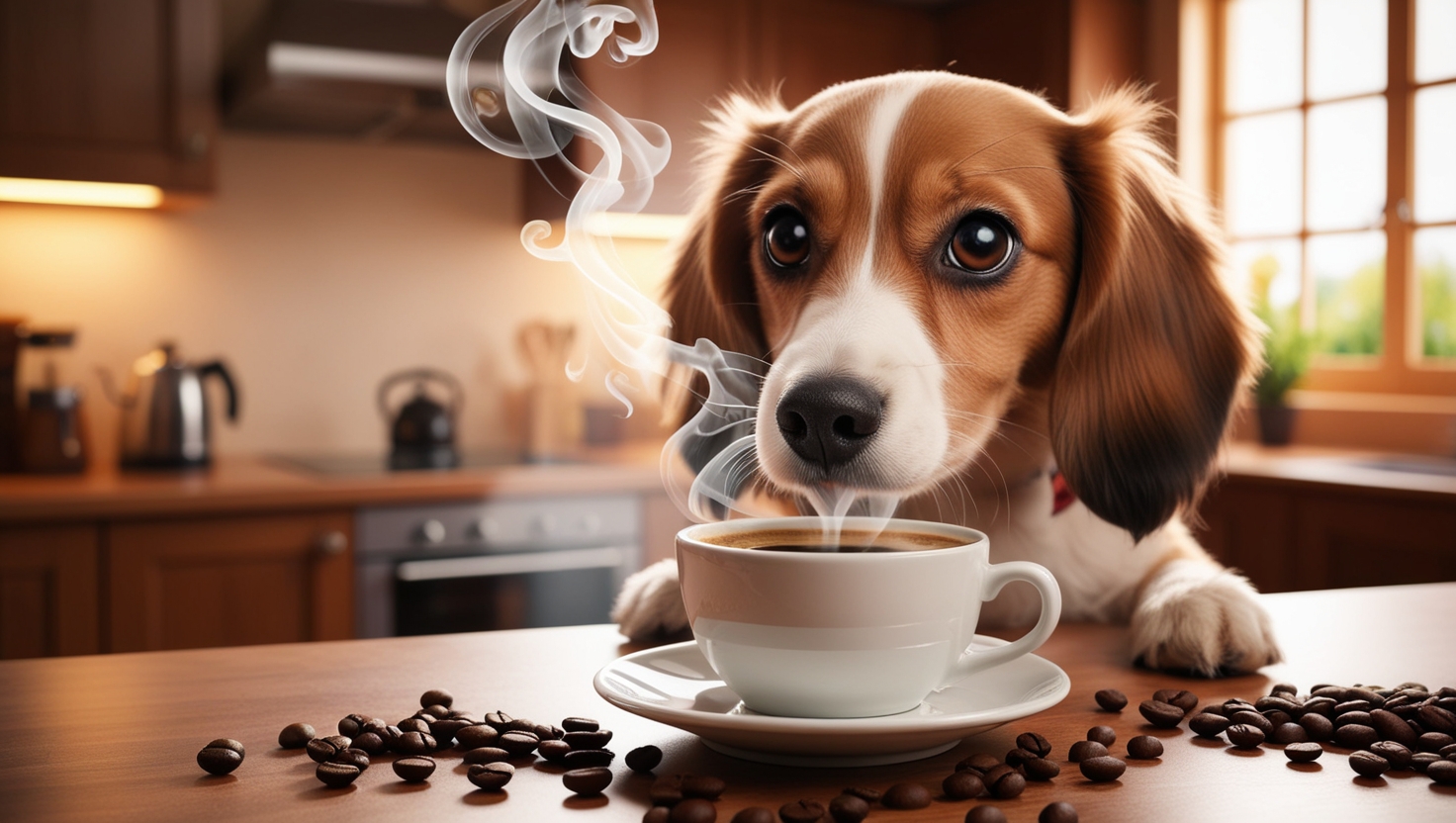 A small dog with brown and white fur sits on a kitchen counter, looking curiously at a steaming cup of coffee. Coffee beans are scattered around the cup. - Can Dogs Have Coffee?