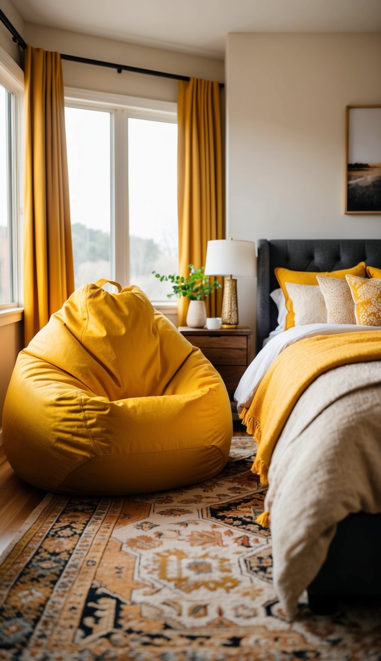 A cozy bedroom with a vibrant yellow saffron bean bag as the focal point, surrounded by warm and inviting decor