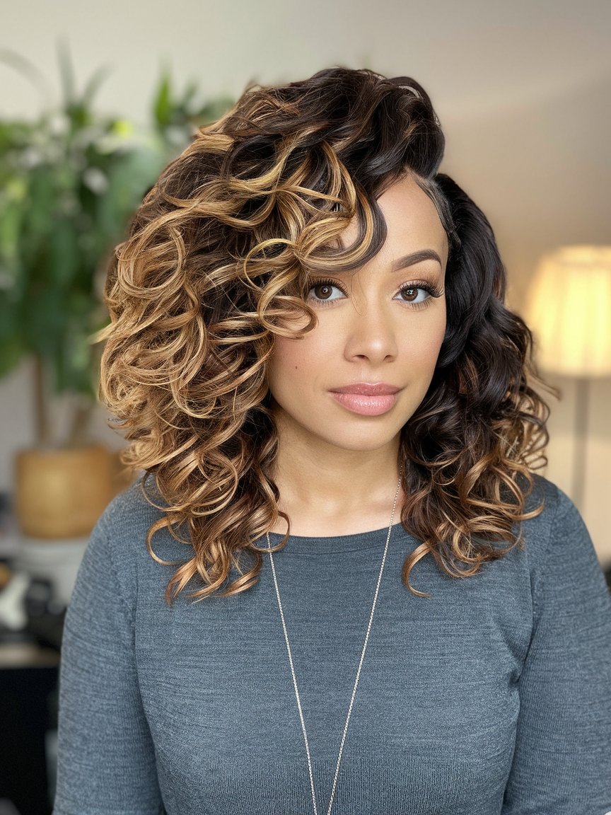 16. Mid Length Curls with Deep Side Part