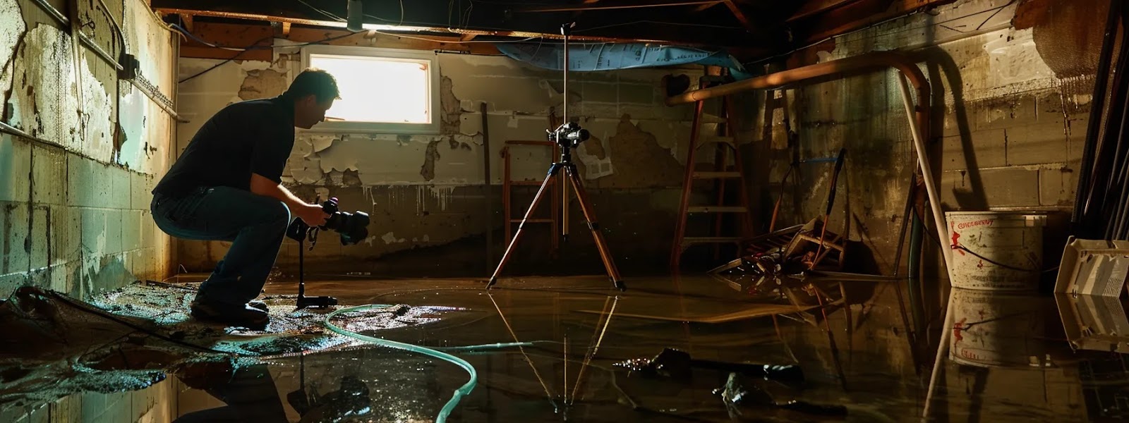 surveying a water-damaged basement with flood insurance advocate.