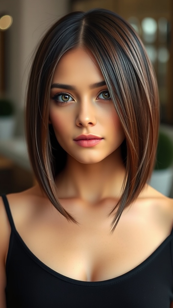 A model with a polished straight bob hairstyle, showcasing shiny hair and a sophisticated look.