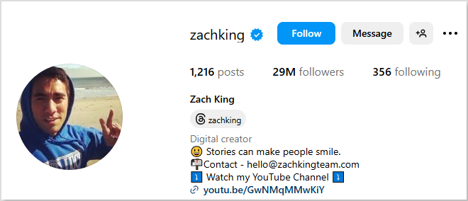 Zach King Instagram bio