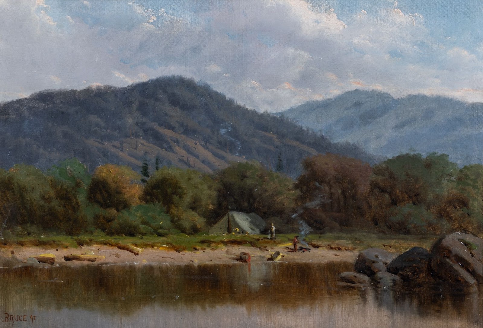 ARTWORK image of - William Blair Bruce (Canadian, 1859-1906)
Indian Camp, 1895; Oil on Canvas, 15 x 22 inches; 2023.20; Gift of Jeffrey L. Horrell '75 and Rodney F. Rose.

This is a landscape painting with a river and large rocks in the foreground. A sandy shoreline with multiple canoes, Some native american people appear very small in teh distance. It is unkown which nation they are from. a Tent and campfire with a late summer early fall foliage of a solid tree line. Beyond that in the background are two large mountains. And a sky full of grayish white heavy clouds.  