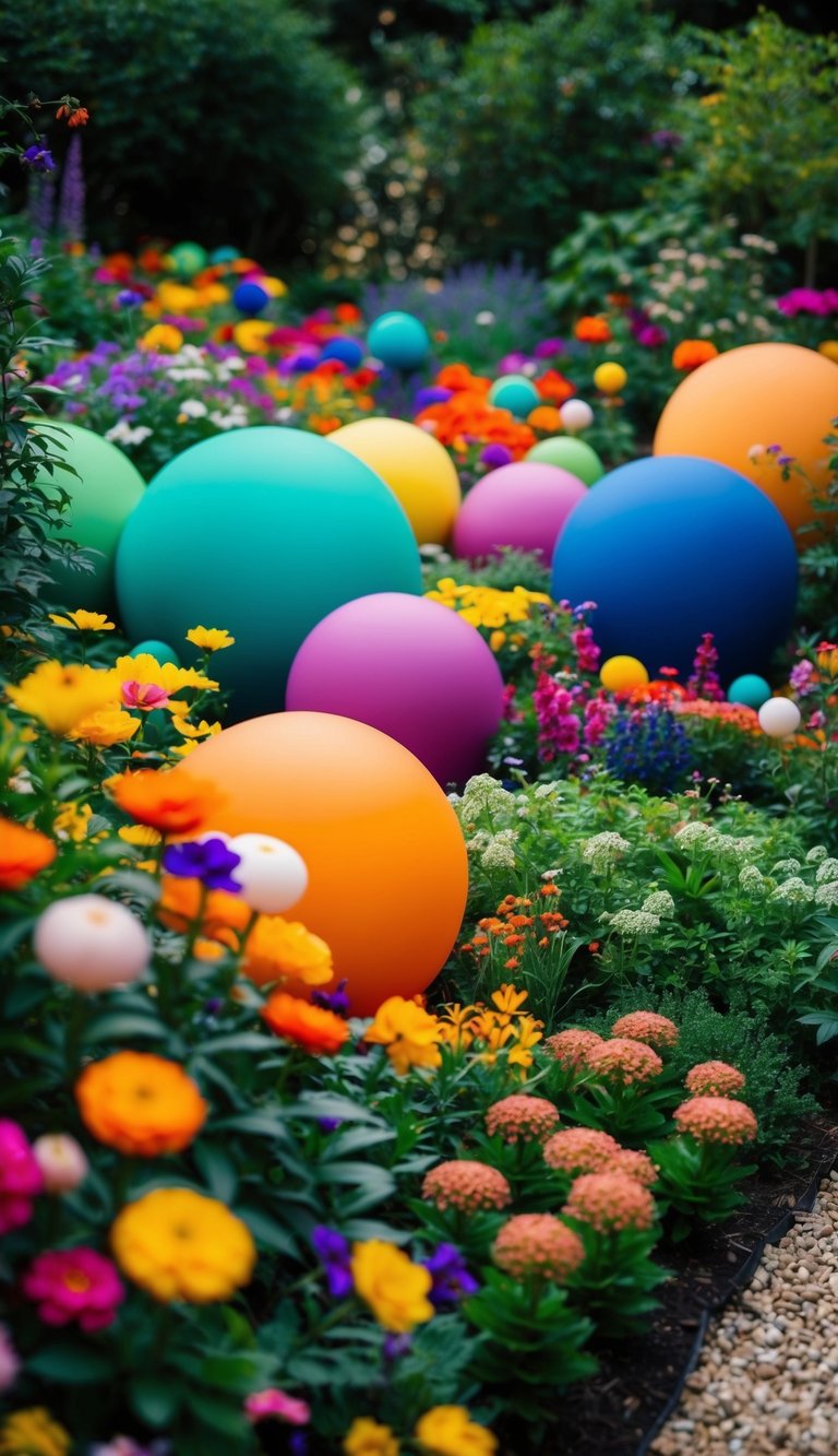 A lush garden filled with vibrant, spherical orbs of various sizes and colors, nestled among an array of flowers and foliage