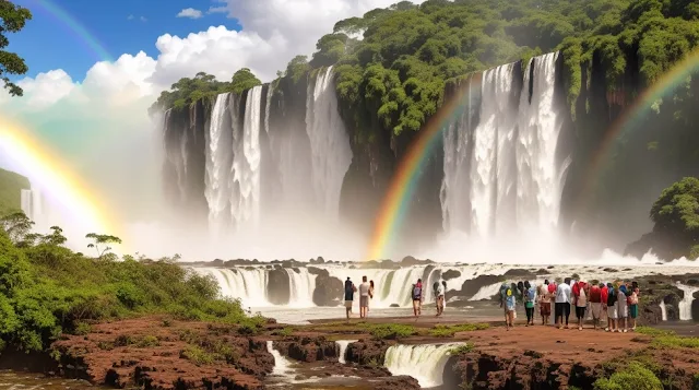 A breathtaking view of Iguazu Falls, where the massive waterfalls roar as they cascade into the jungle below. The mist rises from the water, creating rainbows in the sunlight, while visitors marvel at this natural wonder from the nearby walkways.