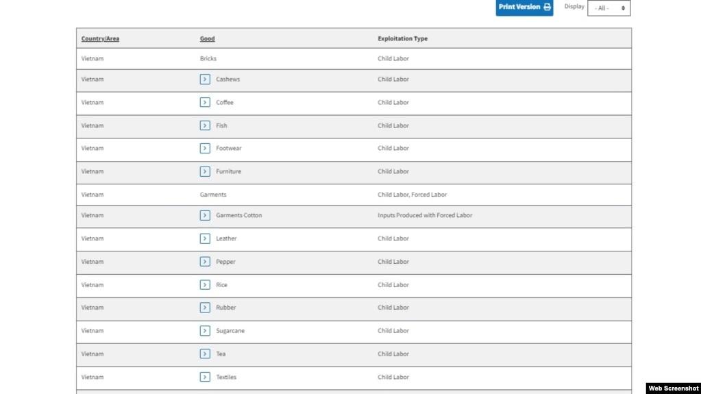 Bộ Lao động Mỹ liệt kê 17 ngành hàng của Việt Nam có sử dụng lao động trẻ em, cưỡng bức. Photo US DOL.