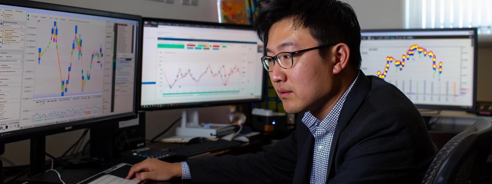 a sleek, modern office workspace showcases multiple computer screens displaying vibrant graphs and charts of internal link analysis, while an expert analyzes data insights with focused intensity in an illuminated, tech-savvy environment.
