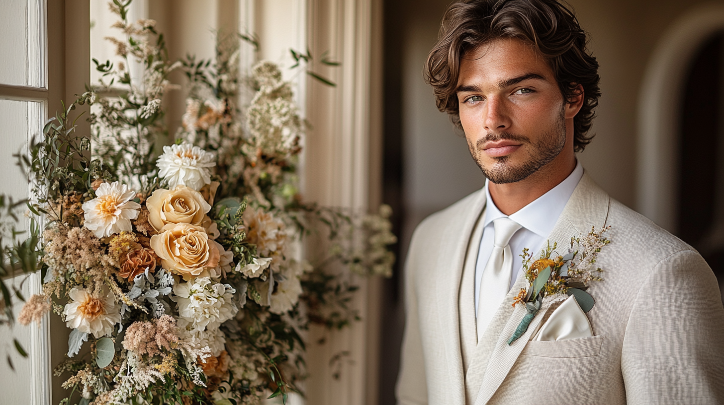 
A groom in a sharp white suit, featuring a traditional white silk pocket square for a classic, elegant look. In another version, the groom wears a colored or patterned pocket square that complements the wedding theme, adding a subtle pop of color and personality to the clean white suit. The refined wedding venue, with soft lighting and delicate décor, highlights the groom’s stylish and personalized wedding ensemble