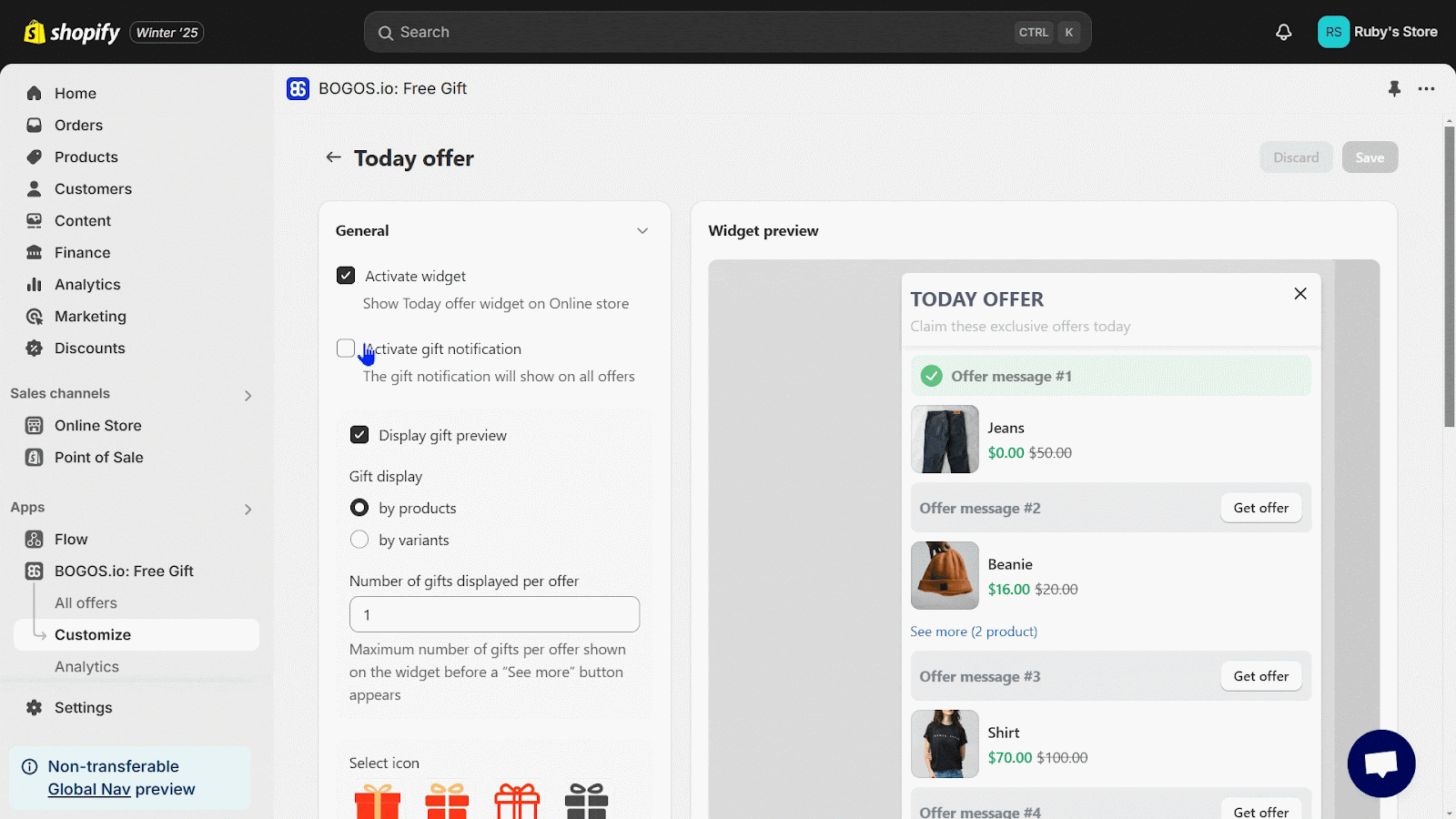 add gift notification, gift details , details about the offer on the today offer widget