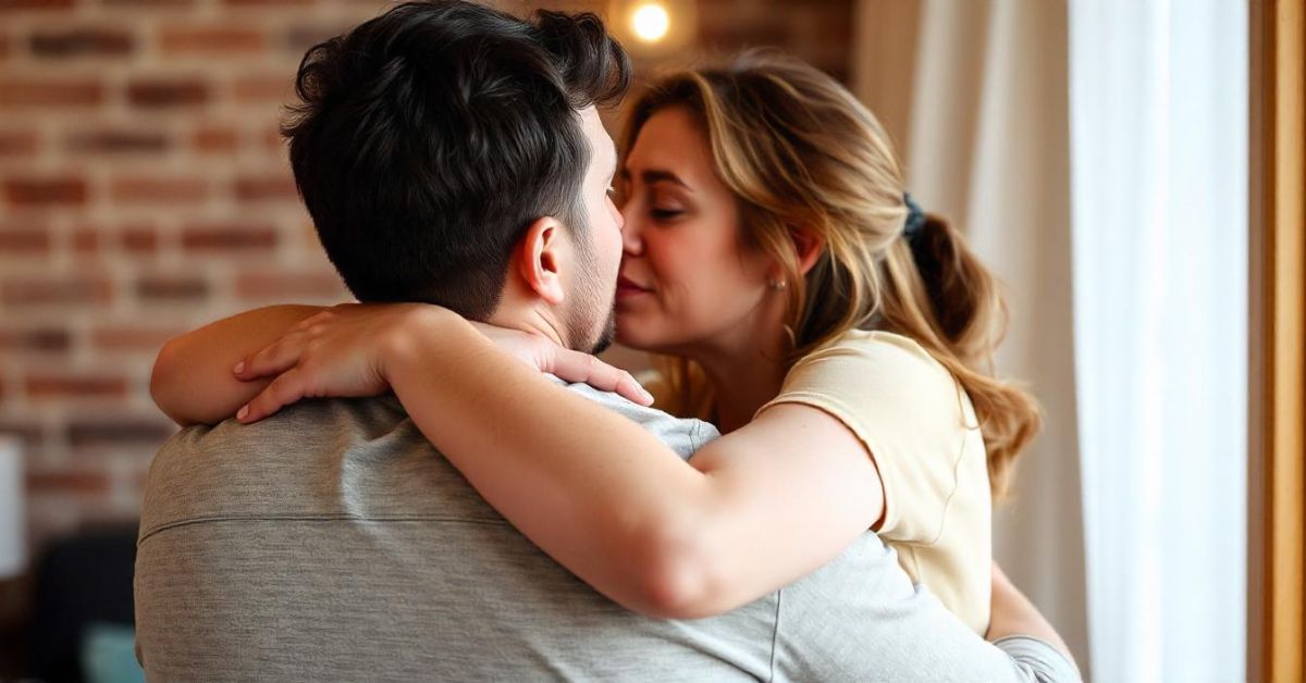 A man and woman embrace in front of a window, symbolizing connection and trust in "The Meaning of Dreams About Cheating.