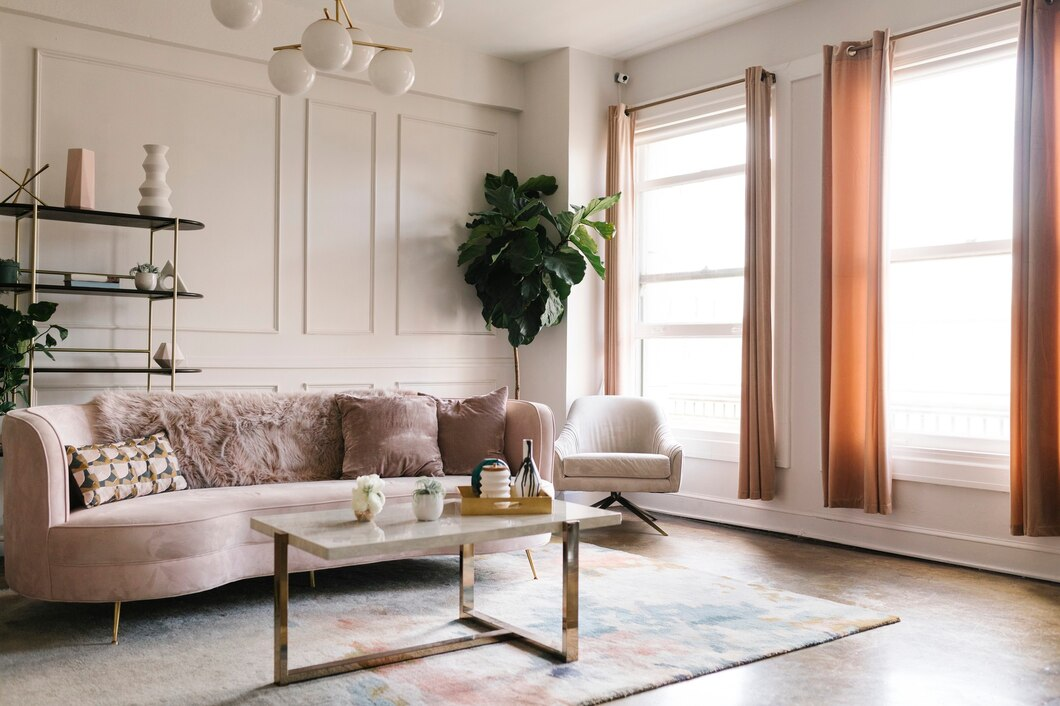 A beautiful and modern living room with tall windows, decorative plants, a light pink couch, and a marble coffee table.