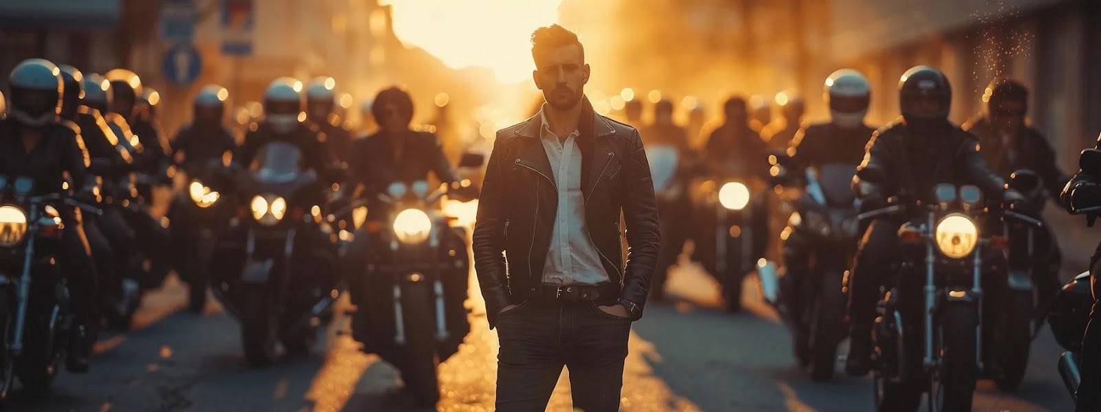 a confident motorcycle accident lawyer standing in front of a group of bikers, ready to fight for justice.