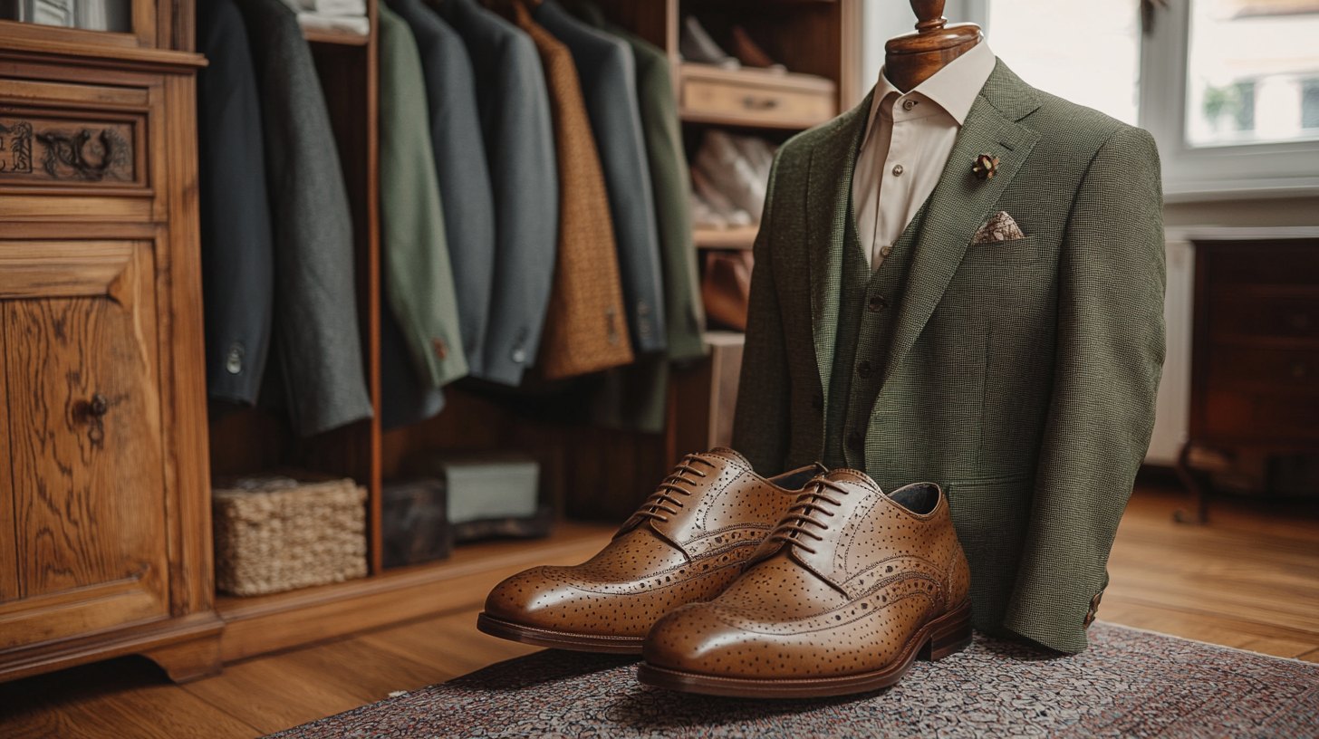 
A tailored green suit, such as olive or moss green, paired with a beige shirt and brown leather shoes. The earthy tones of the shirt and shoes perfectly complement the green suit, creating a natural, understated look. The outfit is balanced and sophisticated, with the earthy accessories enhancing the green suit's richness. The setting is warm and inviting, with soft, natural lighting that highlights the harmony of the colors.