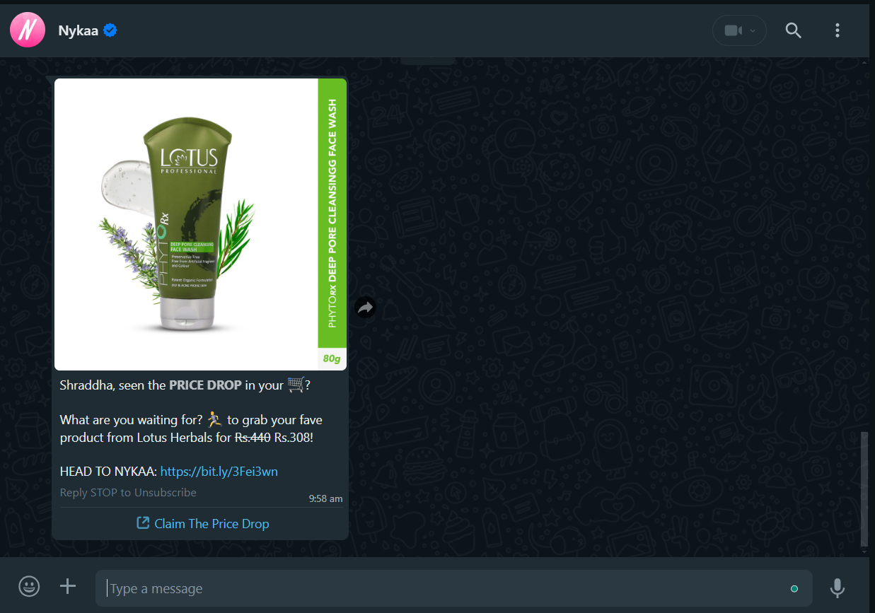 Nykaa's personalized WhatsApp reminder