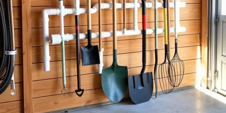 PVC pipes used as a holder for shovel and other tools.  It is one of the 7 garden storage hacks every gardener should know.