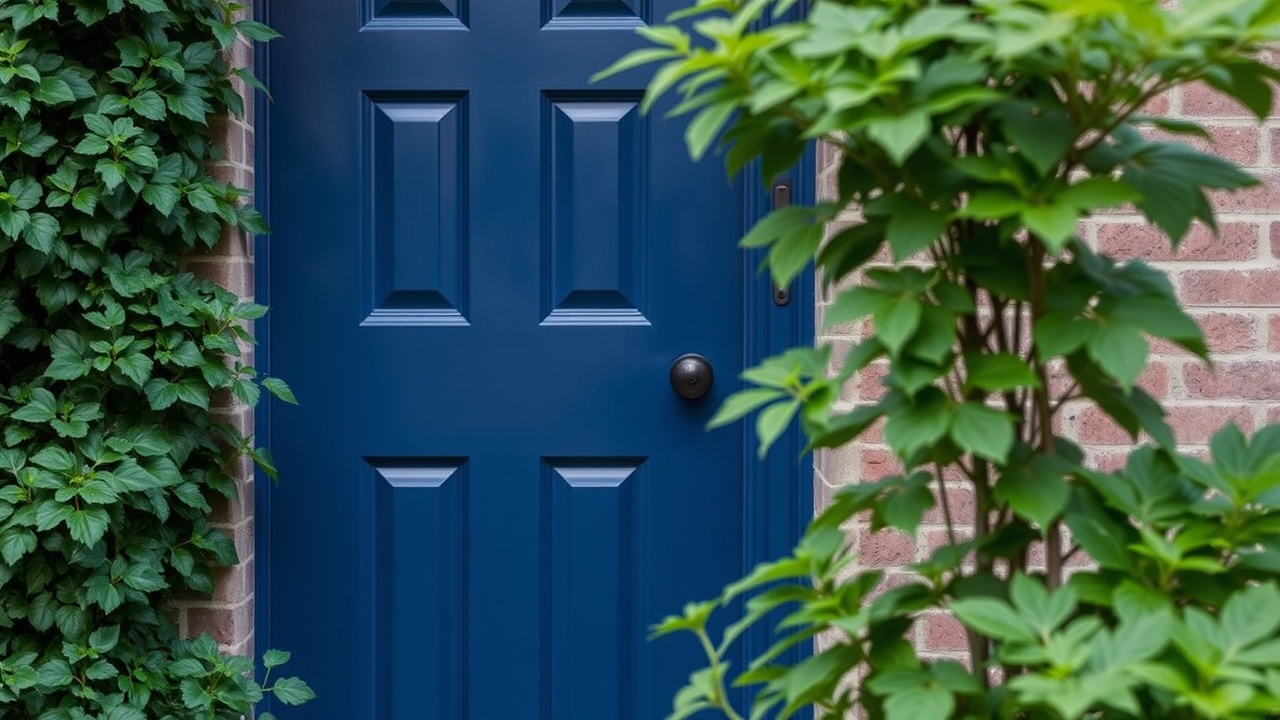 A deep blue door is framed by lush green plants in the garden.