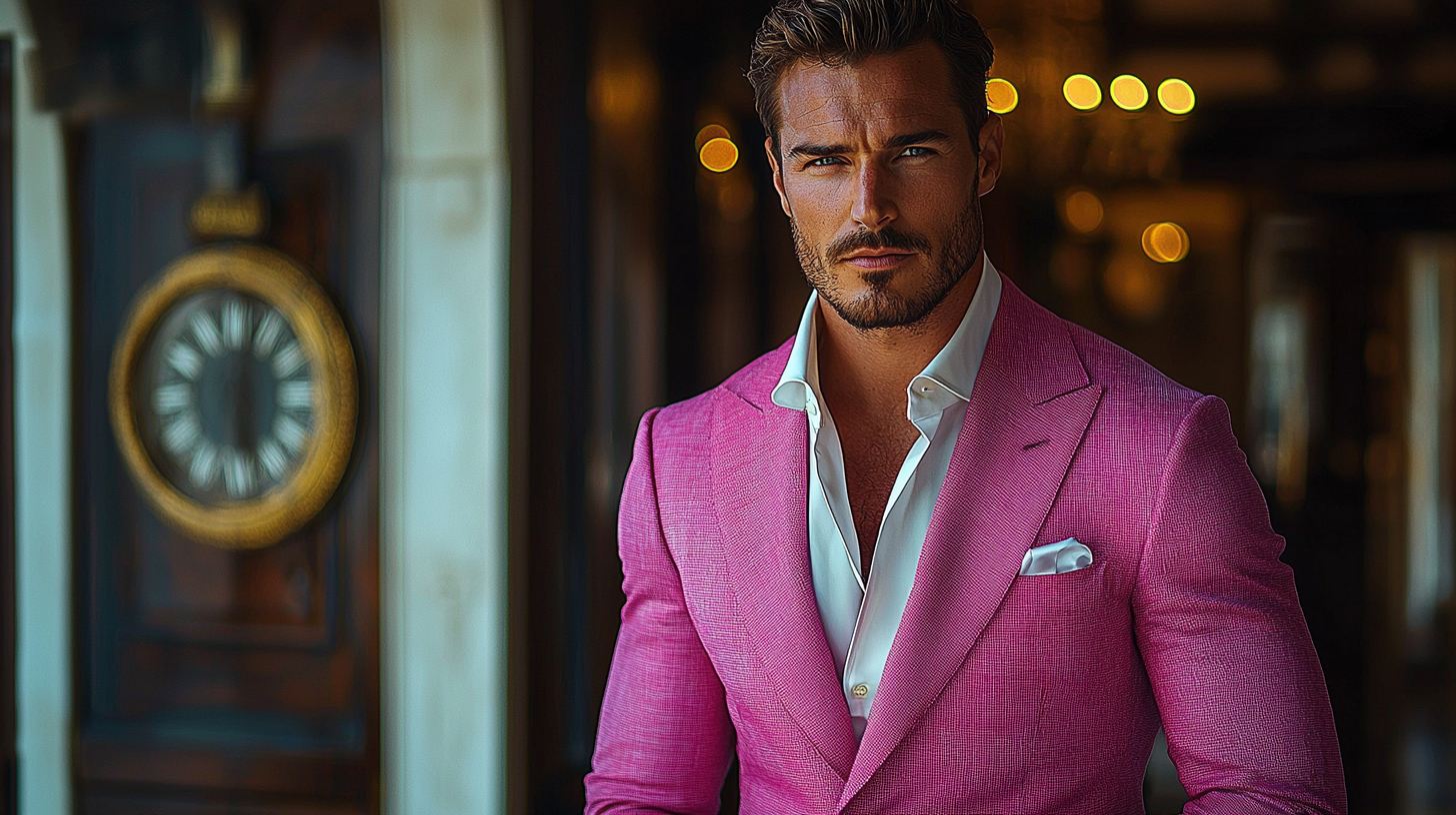 
A man wearing a tailored dark pink suit in fuchsia or rose, exuding confidence and sophistication. The suit is sharp and refined, perfect for formal events like weddings or evening galas. Paired with a crisp white shirt and subtle accessories, the look is bold yet professional. The setting is an elegant evening venue with soft, warm lighting, showcasing a luxurious and sophisticated atmosphere. Photorealistic with fine details, highlighting the suit's rich color and sharp lines.