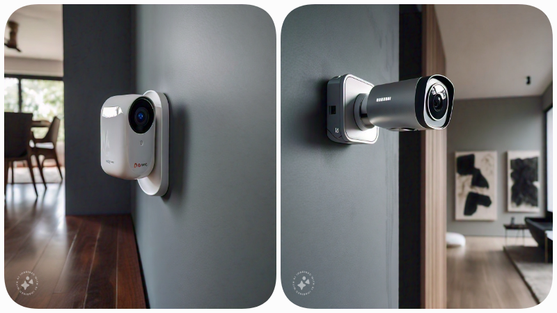 A security camera mounted in a modern home, representing smart home security