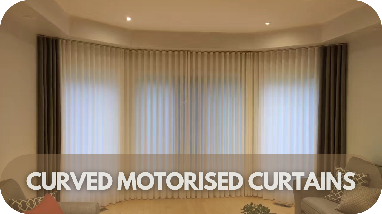 Sleek, curved motorised curtains designed for unique spaces, offering style and seamless light adjustment.