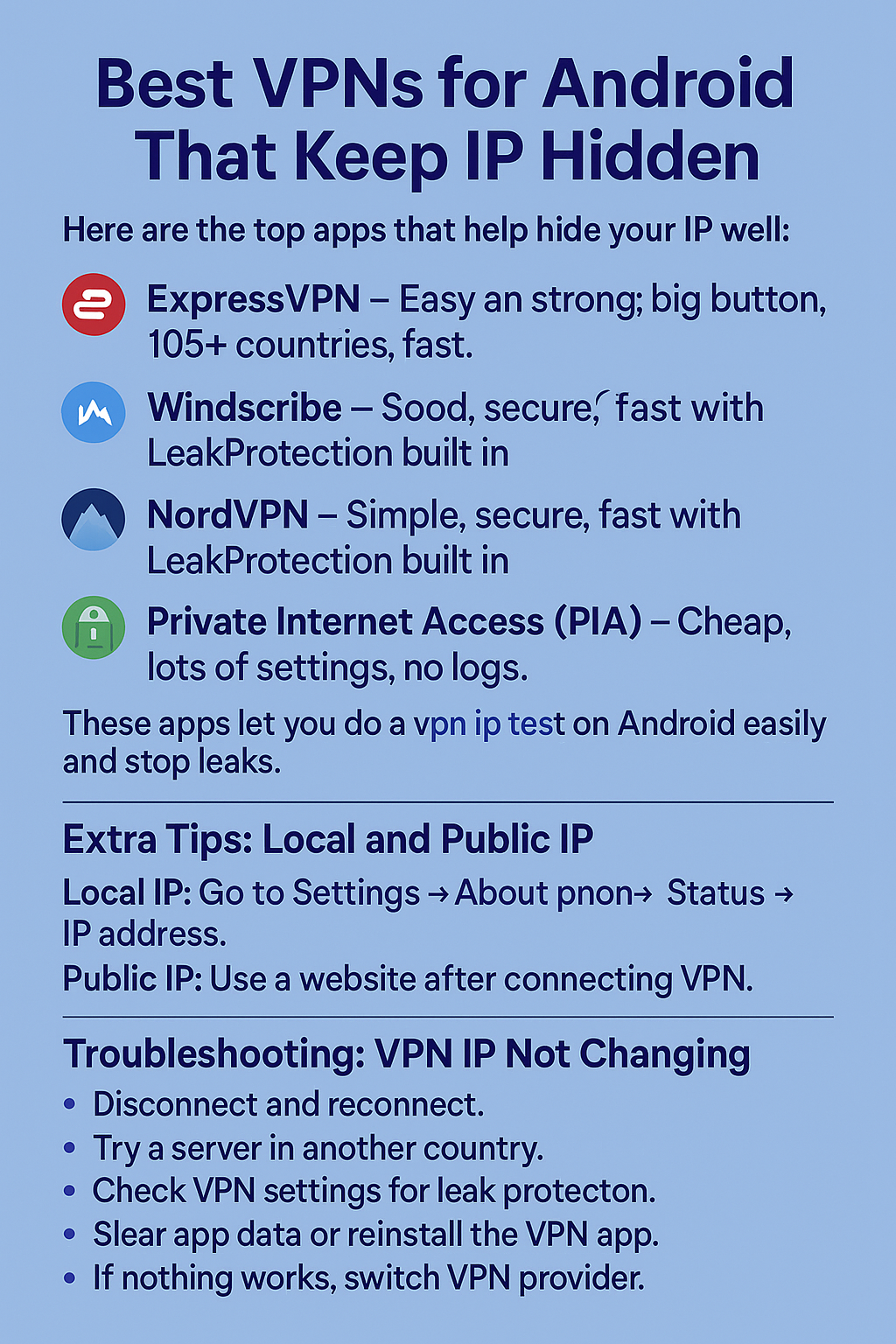 Here are the top apps that help hide your IP well:
ExpressVPN – Easy and strong; big button, 105+ countries, fast.
Windscribe – Good free plan, options for protocols, leak protection.


NordVPN – Simple, secure, fast with LeakProtection built in (not searched but known widely).


Private Internet Access (PIA) – Cheap, lots of settings, no logs. 
These apps let you do a vpn ip test on Android easily and stop leaks.

Extra Tips: Local and Public IP
Local IP: Go to Settings → About phone → Status → IP address.


Public IP: Use a website after connecting VPN.


This helps if you also want to check your internal device address.

Troubleshooting: VPN IP Not Changing
Disconnect and reconnect.


Try a server in another country.


Check VPN settings for leak protection.


Clear app data or reinstall the VPN app.


If nothing works, switch VPN provider.


Sometimes your phone’s settings stop VPN, so check Settings → Network & Internet → VPN. 