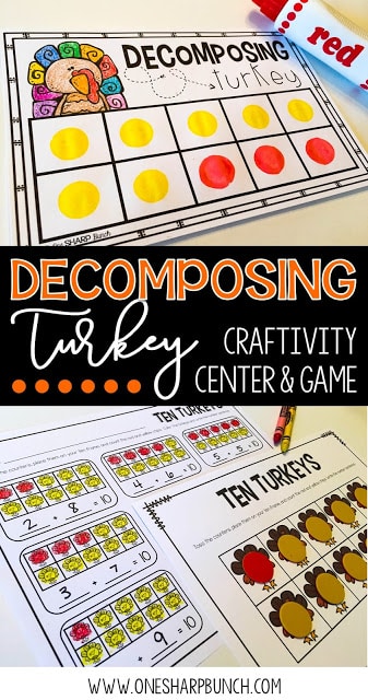 Build number sense with these interactive and thematic Decomposing Turkey activities! Gather the correct number of red and yellow feathers and place them around the turkey craft. Don’t forget to sing the fun chant!