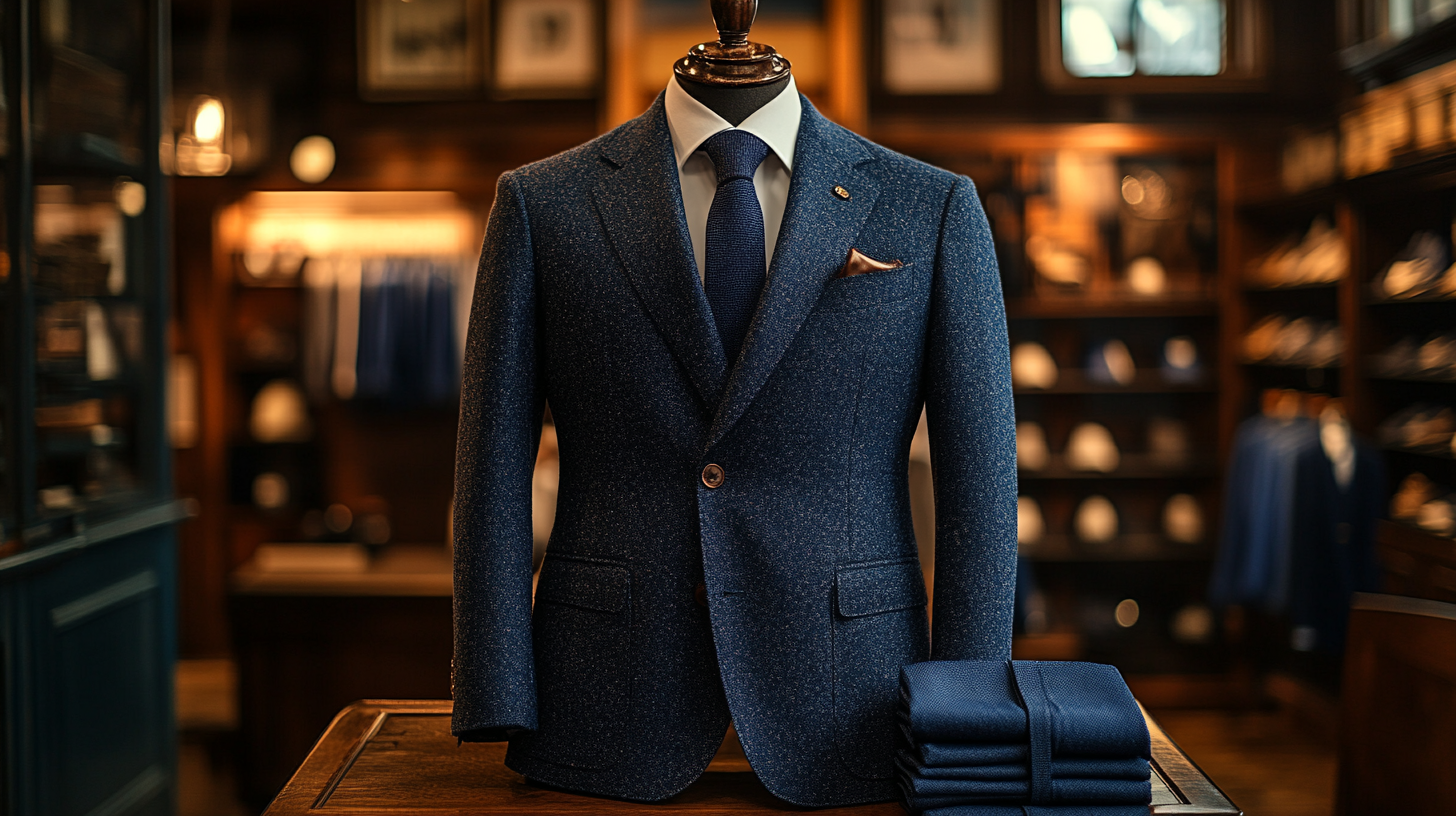 A navy blue suit neatly folded on a desk, the fabric radiating warmth and approachability. The office has a relaxed, modern atmosphere with soft lighting and natural wood accents, adding a personal touch to the professional setting.