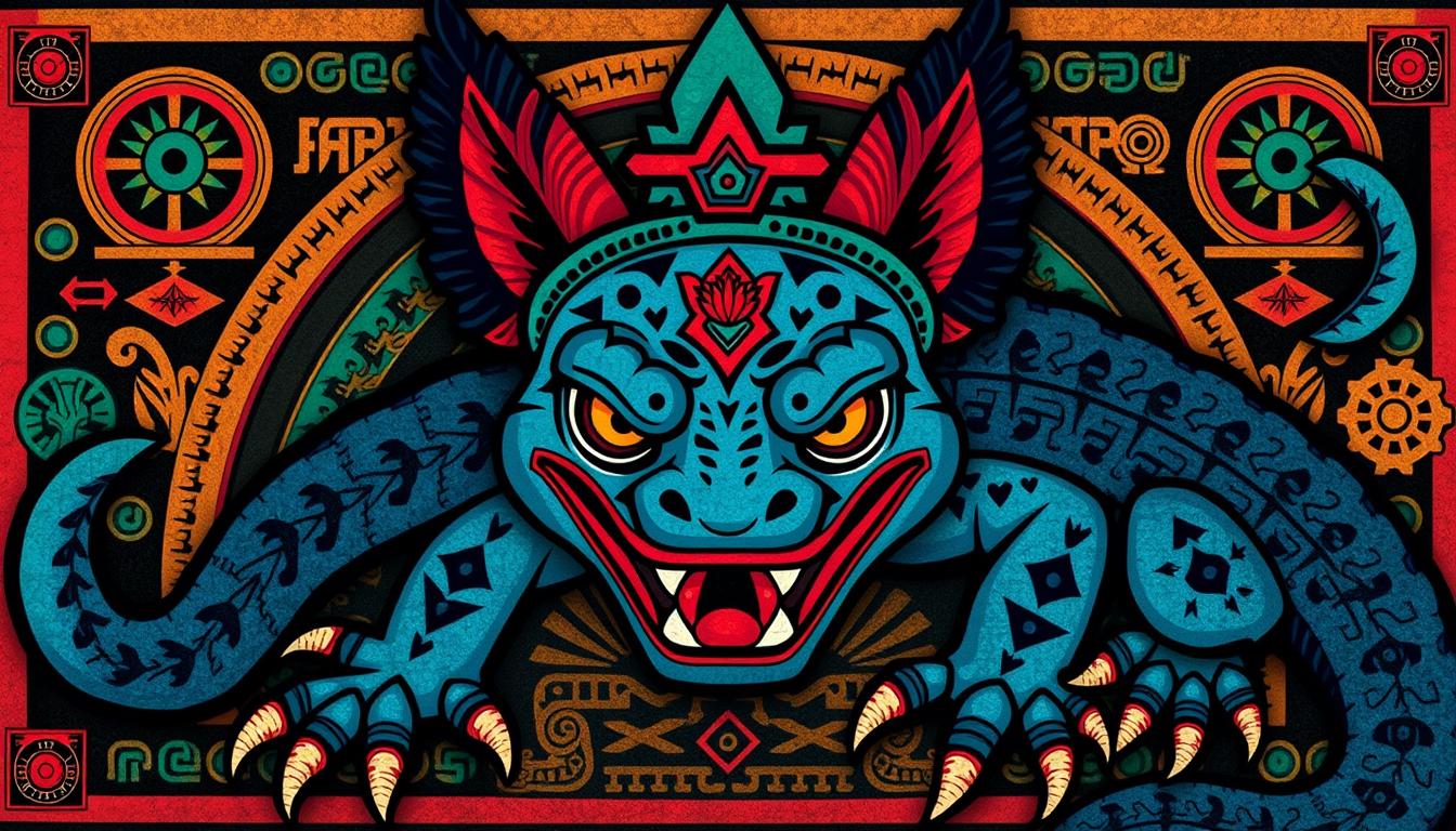 Artistic representation of the Aztec god Xolotl with axolotl imagery