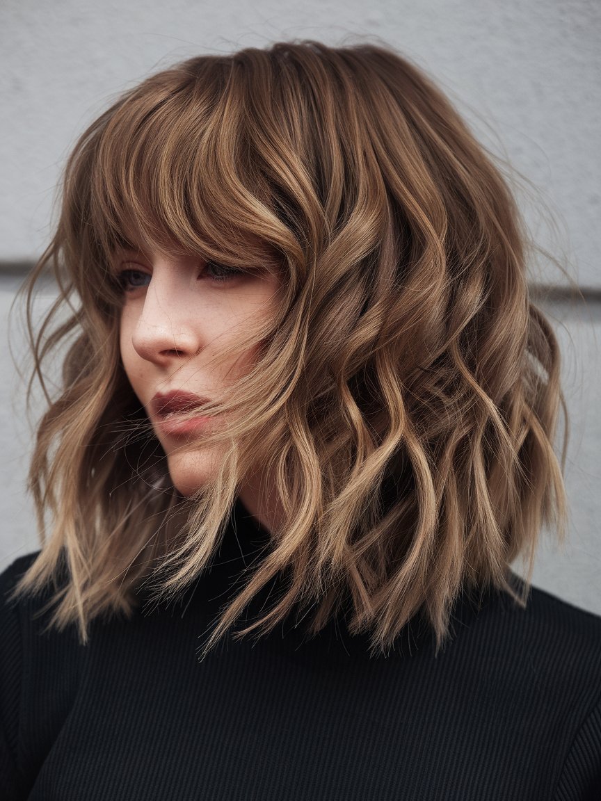 3. Wavy Bob with Thick Bangs