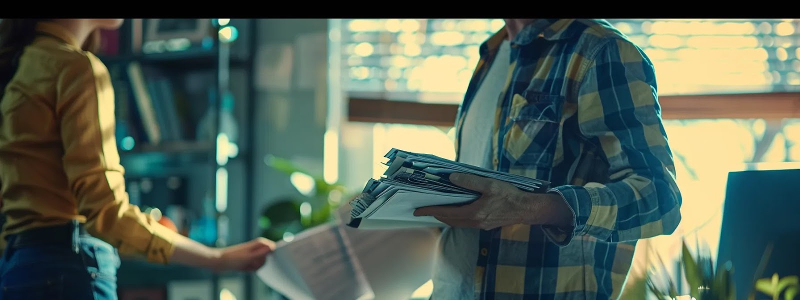 a person holding a stack of paperwork while talking with an insurance agent in a bright, organized office setting.