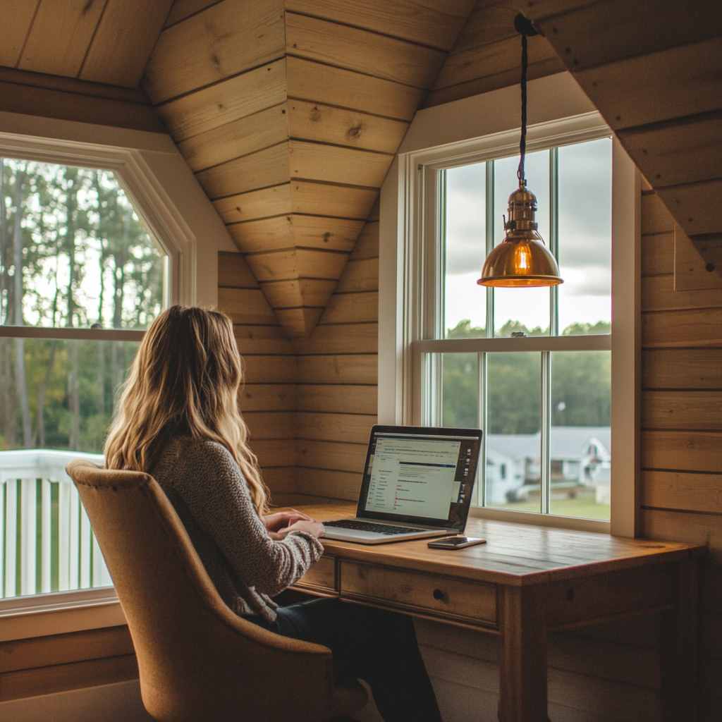 Professional working remotely from a home office with scenic small town views.