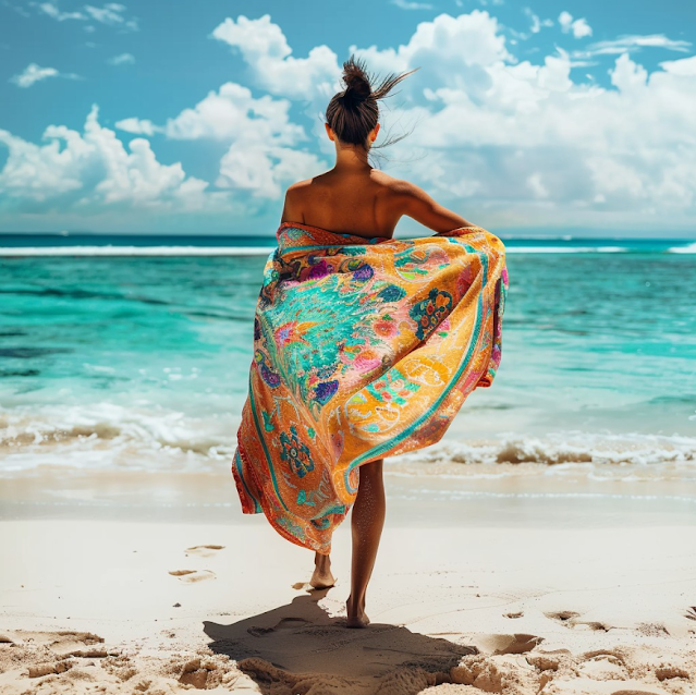 Woman on the beach wearing a large, oversized sarong, gracefully flowing in the wind as she enjoys the ocean breeze