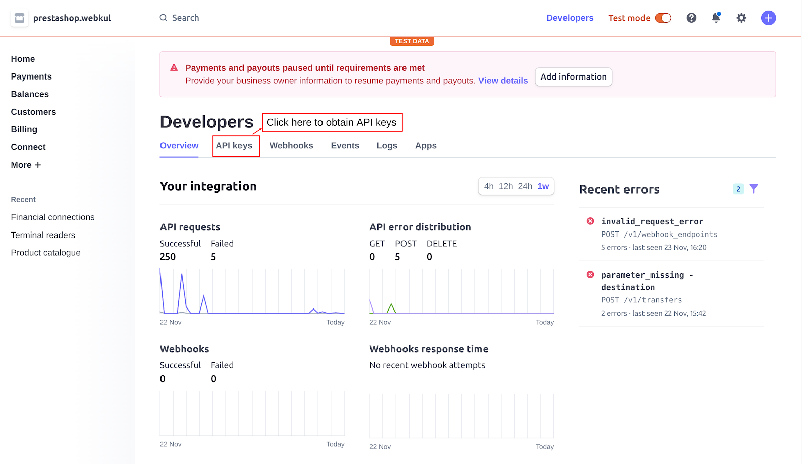 API Keys option in stripe