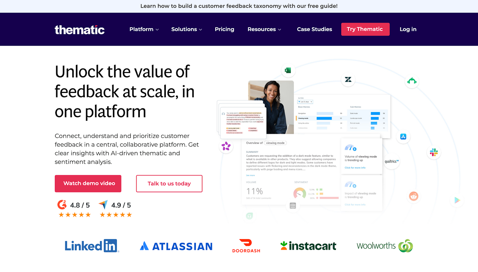 Homepage of the AI sentiment analysis tool Thematic.