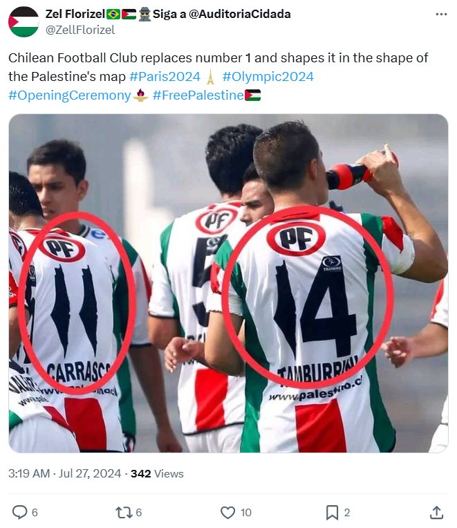 a Chilean football club altering the number 1 to resemble the outline of Palestine’s map during the 2024 Olympics