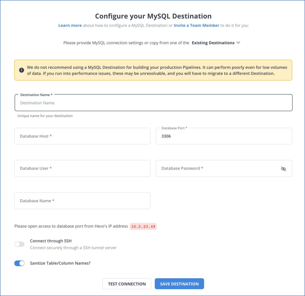 MySQL as destination