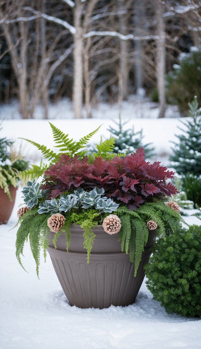 A winter planter filled with heuchera and ferns, accented with other seasonal plants, set against a snowy backdrop