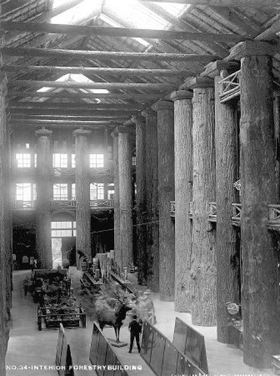 In this photo released by the Oregon Historical Society, the interior of the Forestry Center, constructed from large old-growth timbers, is shown at the 1905 Lewis and Clark Exposition in Portland. More than a million people came to Portland for the world's fair, and a century later the Oregon Historical Society is commemorating the event with the exhibit