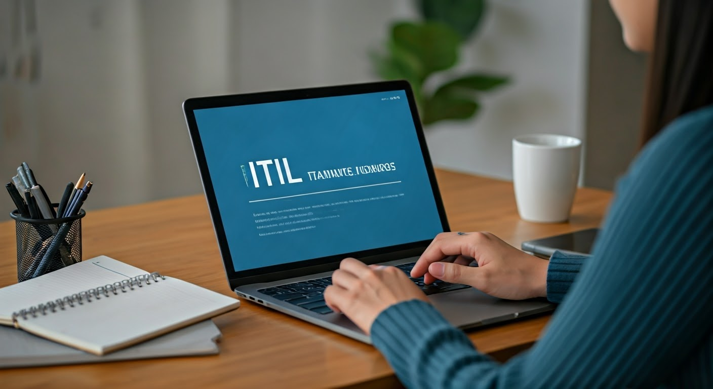 Person studying ITIL online course on laptop.