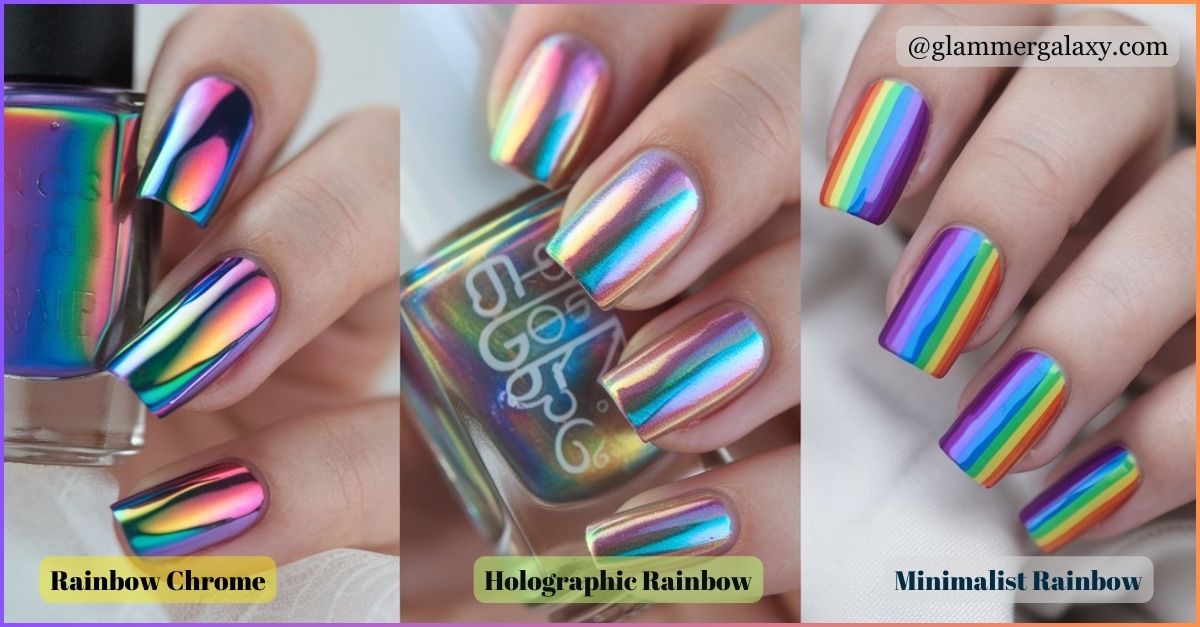 Three images of nails painted with rainbow chrome, holographic, and minimalist designs.