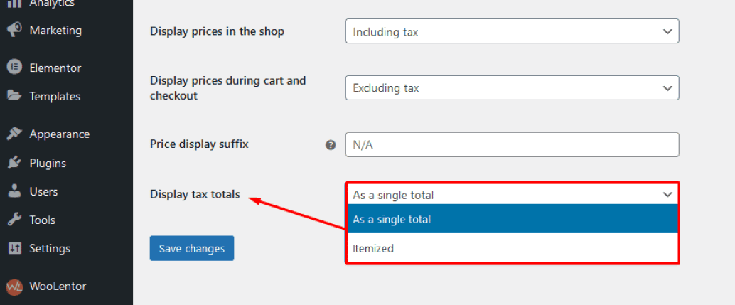 display tax total