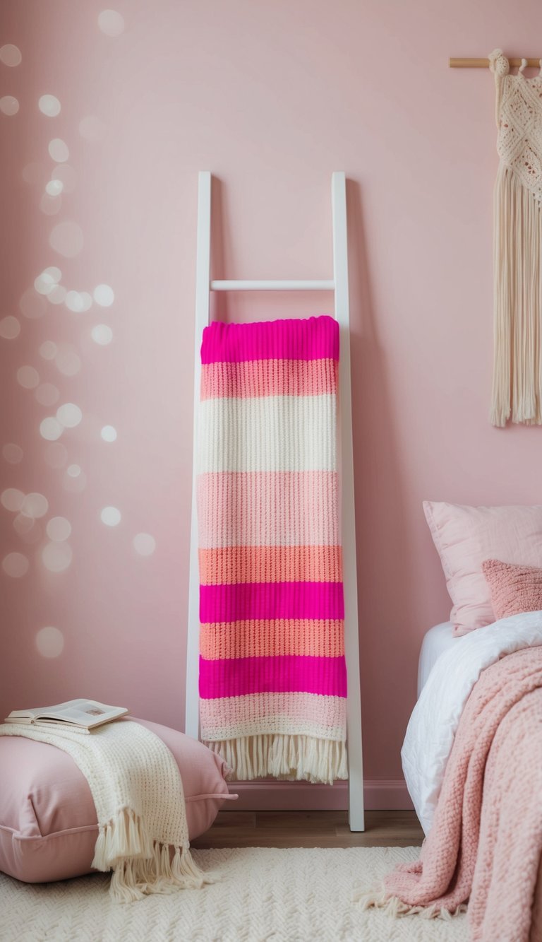 A cozy pink ombre blanket ladder stands against a pastel pink bedroom wall, adorned with soft blankets and throws