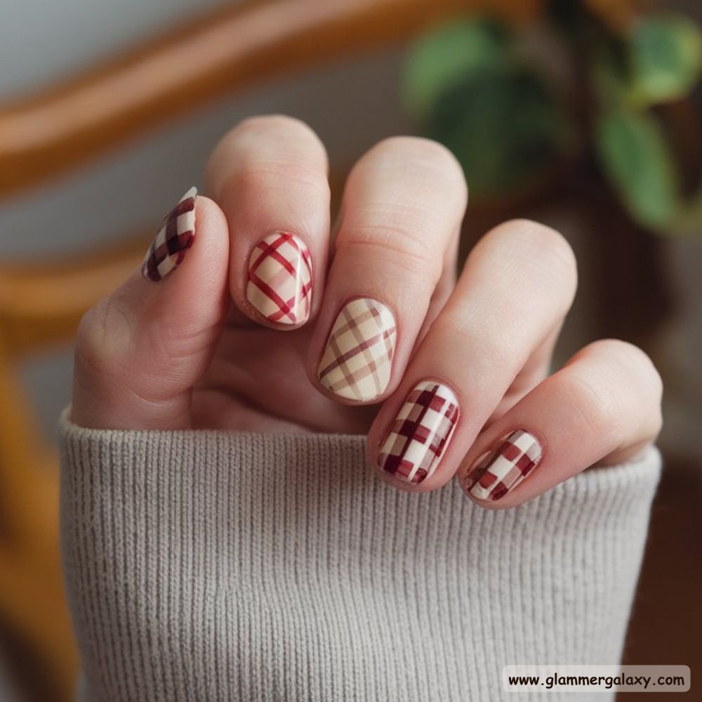 Korean fall nails having Cozy Plaid Patterns