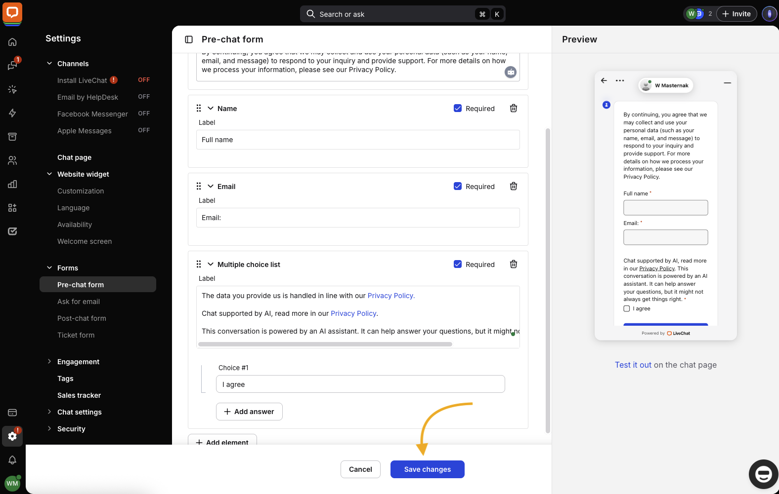 Chat form: Applying your data consent to the pre-chat form.