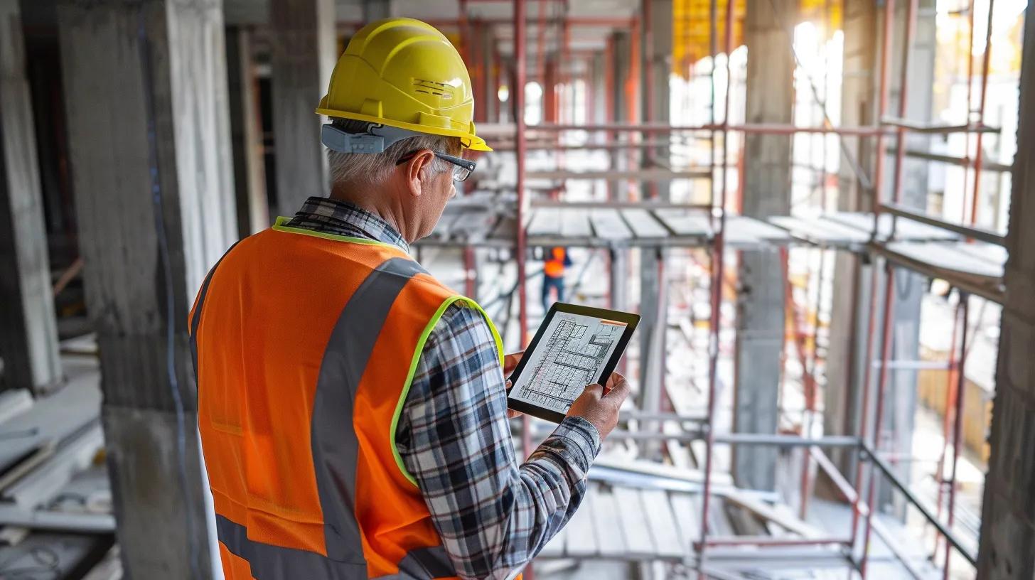 A construction project manager in a reflective vest using a tablet on-site, coordinating with workers, reviewing digital blueprints, and checking a project schedule dashboard.