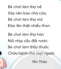 BÀI 3: CÔ GIÁO LỚP EMKHỞI ĐỘNGCâu hỏi: Trao đổi với bạn về một số công việc ở trường của thầy cô.đọc bàiviết bảngGiải nhanh:đọc bàiviết bảngluyện chữgiảng bàichấm điểmghi lời phêdặn dòKHÁM PHÁ VÀ LUYỆN TẬPCâu 1: Đọc: Cô giáo lớp em – Nguyễn Xuân Sanh1. Cô giáo đáp lời chào của bạn nhỏ như thế nào?2. Cô giáo dạy các bạn nhỏ những gì?3. Tìm trong khổ thơ thứ 3 câu thơ thể hiện tình cảm của bạn nhỏ đối với cô giáo.4. Em có thể làm những gì để thể hiện tình cảm với thầy cô?Trả lời: 1. Cô giáo đáp lời chào của bạn nhỏ bằng cách cười thật tươi.2. Cô giáo dạy các bạn nhỏ tập viết, tập đọc, tập hát.3. Câu thơ thể hiện tình cảm của bạn nhỏ đối với cô giáo: Yêu thương em ngắm mãi, những điểm mười cô cho.4. Em có thể làm những điều này để thể hiện tình cảm với thầy cô: ngoan ngoãn, lễ phép, vâng lời thầy cô, cố gắng học hành chăm chỉ.Câu 2: Viết: Phố xá nhộn nhịpGiải nhanh:Học sinh tự viết Câu 3: Tìm trong 2 khổ thơ dưới đâya) Từ ngữ chỉ ngườib) Từ ngữ chỉ hoạt động của người đóGiải nhanh:a) Thợ nề, thợ mỏ, thợ hàn, thầy thuốcb) Xây nhà, đào than, xây cầu, chữa bệnhCâu 4: Thực hiện các yêu cầu dưới đây:a) Đặt câu chỉ hoạt động của 1-2 người ở bài tập 3.b) Đặt câu hỏi cho các từ in đậm:Trên công trường, các chú thợ nề đang xây những ngôi nhà cao tầng.Bác sĩ đang khám bệnh cho bệnh nhân ở phòng khám.Trên sân bóng, huấn luyện viên đang hướng dẫn các cầu thủ luyện tập.Trả lời: a) Nhờ có bác thợ hàn đã xây nên những cây cầu vừa to vừa đẹp, nối liền mọi miền đất nước.b)Các chú thợ nề đang xây những ngôi nhà cao tầng ở đâu?Bác sĩ đang khám bệnh cho bệnh nhân ở đâu?Huấn luyện viên đang hướng dẫn các cầu thủ luyện tập ở đâu?VẬN DỤNG