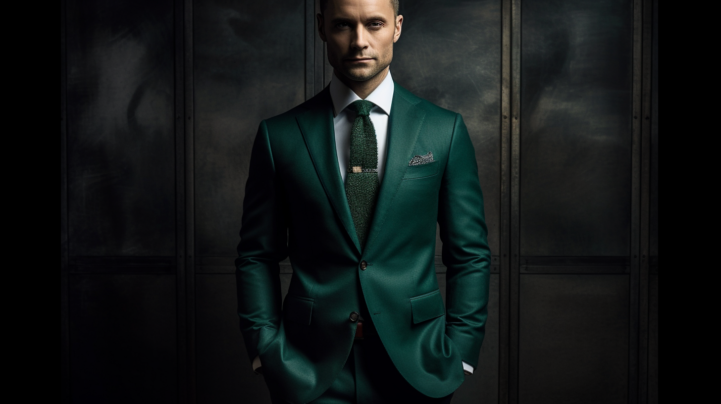 Full-body image of a man standing in a dark green suit, specifically in emerald or forest green, tailored perfectly for a formal event. The suit is sleek and sharp, paired with a crisp white dress shirt and a refined solid or subtly patterned tie. The look is sophisticated and elegant, completed with polished black leather shoes and a simple pocket square. The background features a formal setting such as a gala or business event, with soft lighting that enhances the richness of the dark green suit.