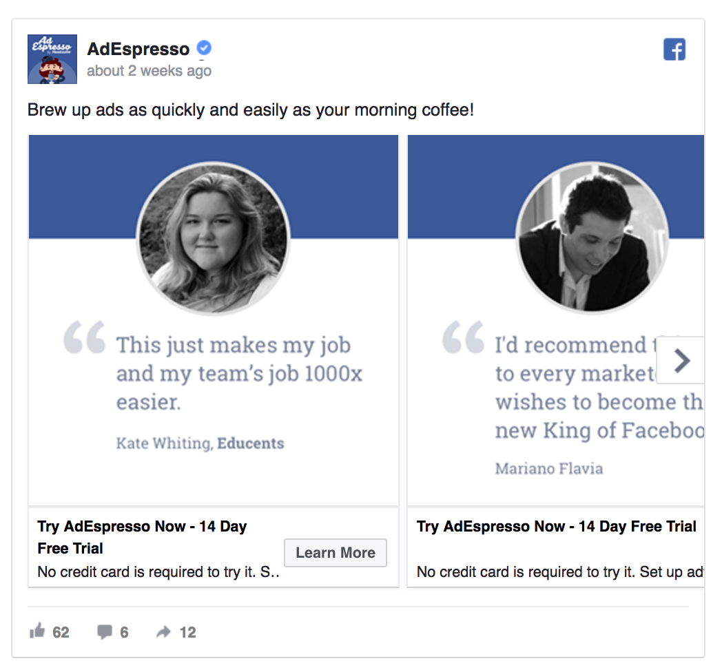 AdEspresso included testimonials in a Facebook ad.